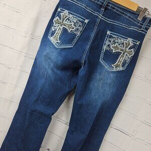 H&Y Fashion Jeans Flare Leg Womens 9 Embellished Cross Design Pockets Boot Cut